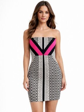 Express Black, White and Hot Pink Strapless Chevron Dress NWT Size 6